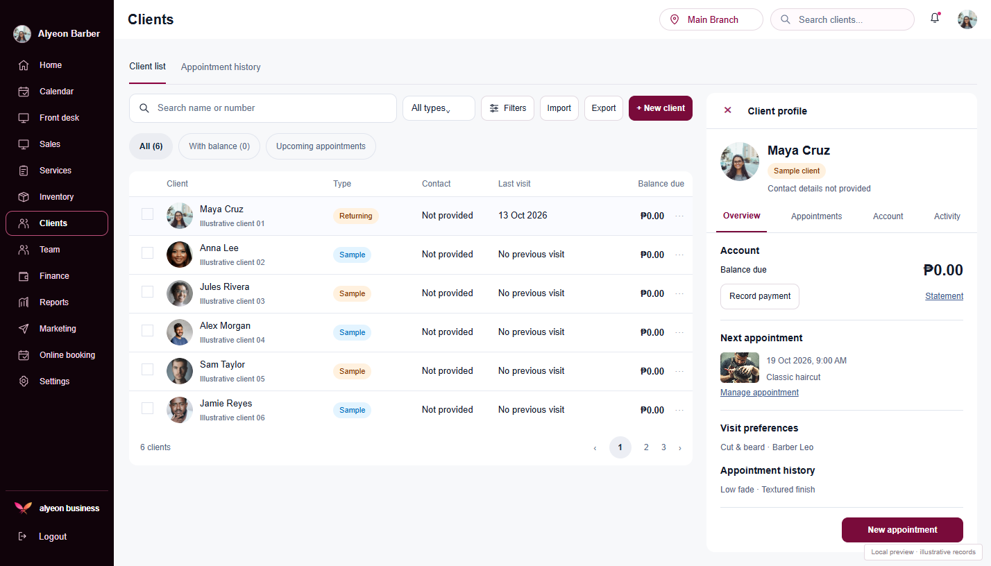 Barbershops · Client profiles — illustrative preview