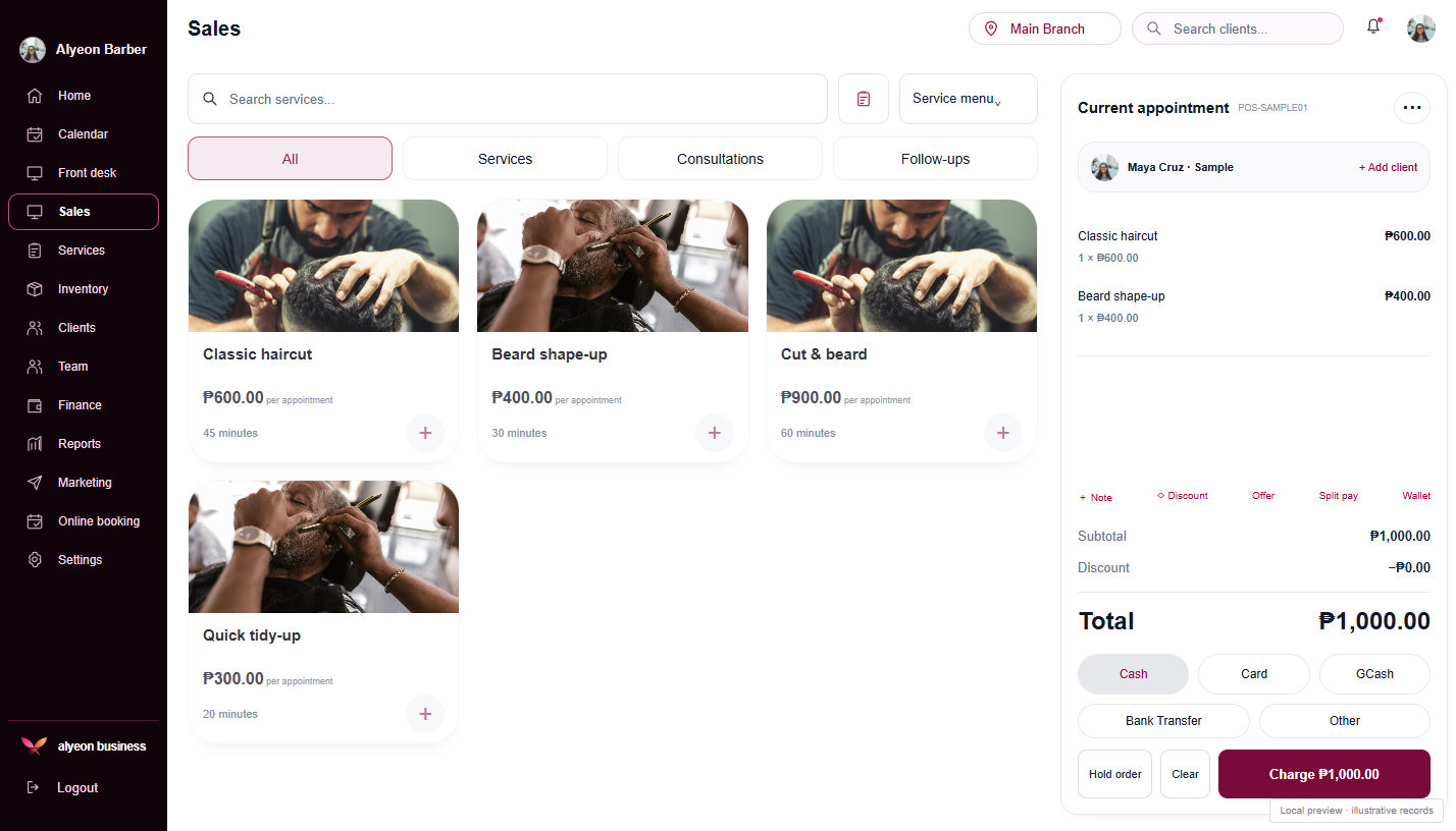 Barbershops · Payments & checkout — illustrative preview