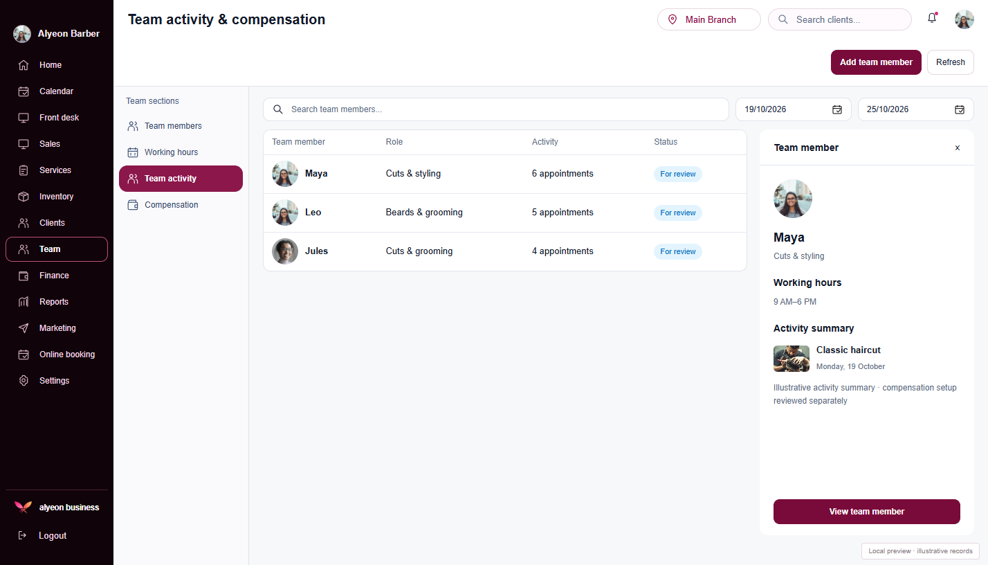 Barbershops · Payroll & commissions — illustrative preview