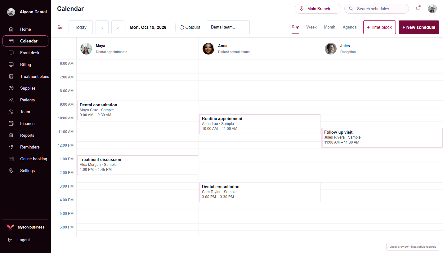 Dental Clinics · Practice calendar — illustrative preview