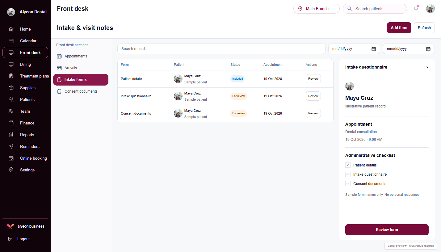 Dental Clinics · Intake & visit notes — illustrative preview