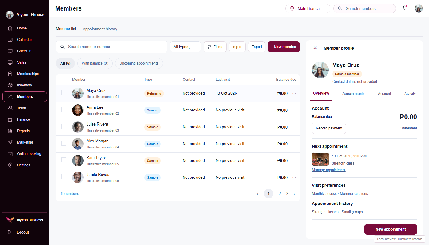Fitness Centers · Member profiles — illustrative preview