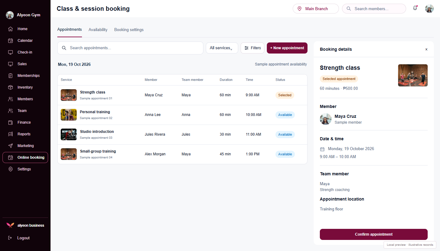 Gym Studio · Class & session booking — illustrative preview