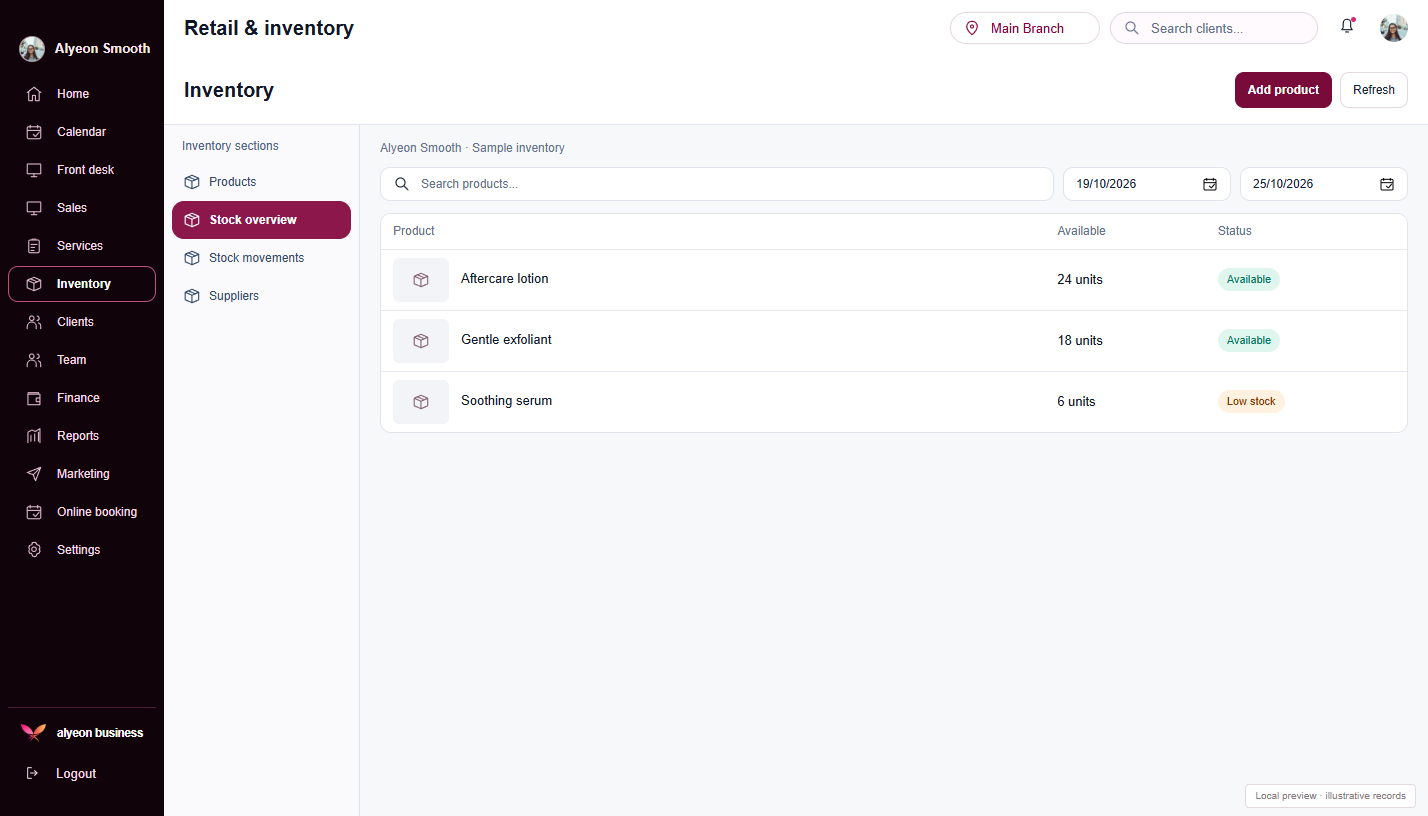 Hair Removal · Retail & inventory — illustrative preview