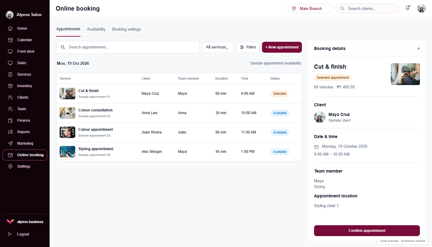 Hair Salons · Online booking — illustrative preview