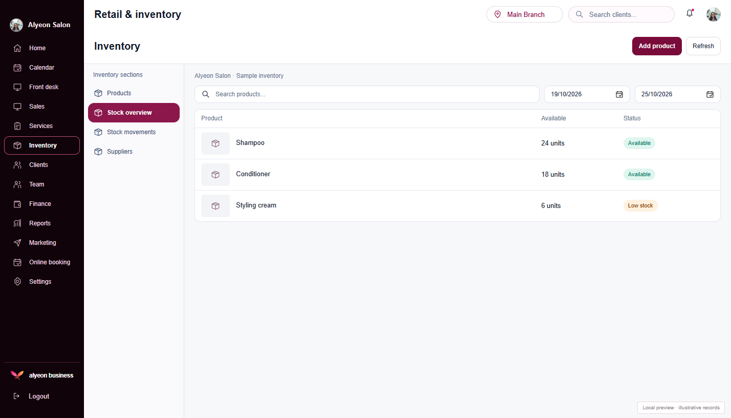 Hair Salons · Retail & inventory — illustrative preview