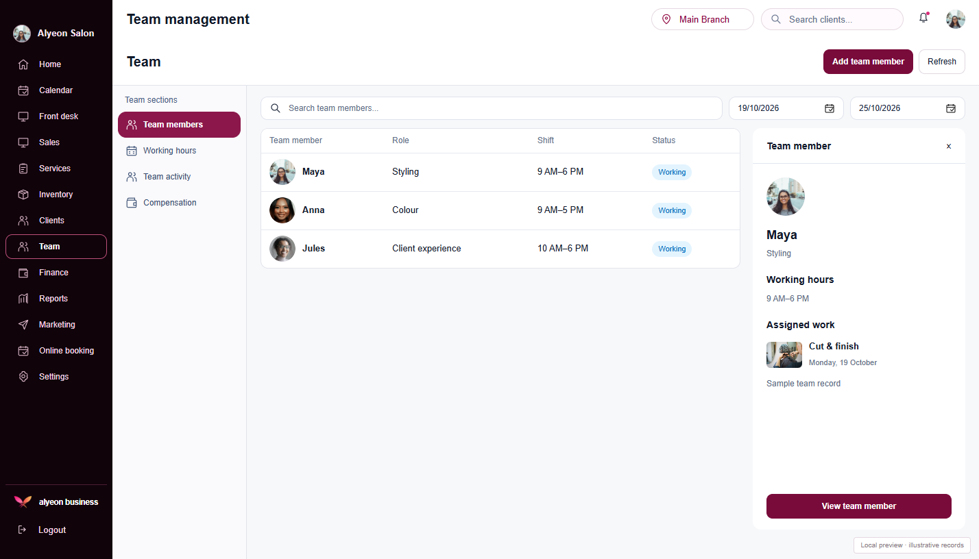 Hair Salons · Team management — illustrative preview