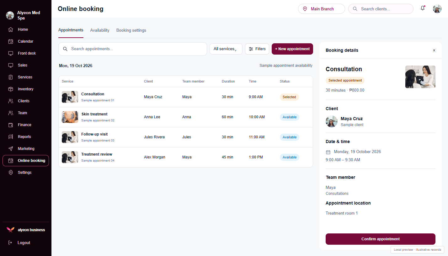 Med Spas · Online booking — illustrative preview