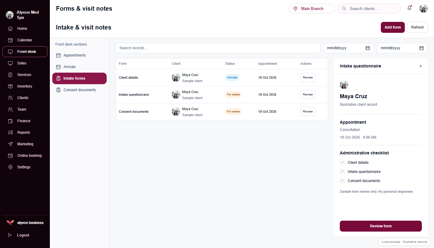 Med Spas · Forms & visit notes — illustrative preview