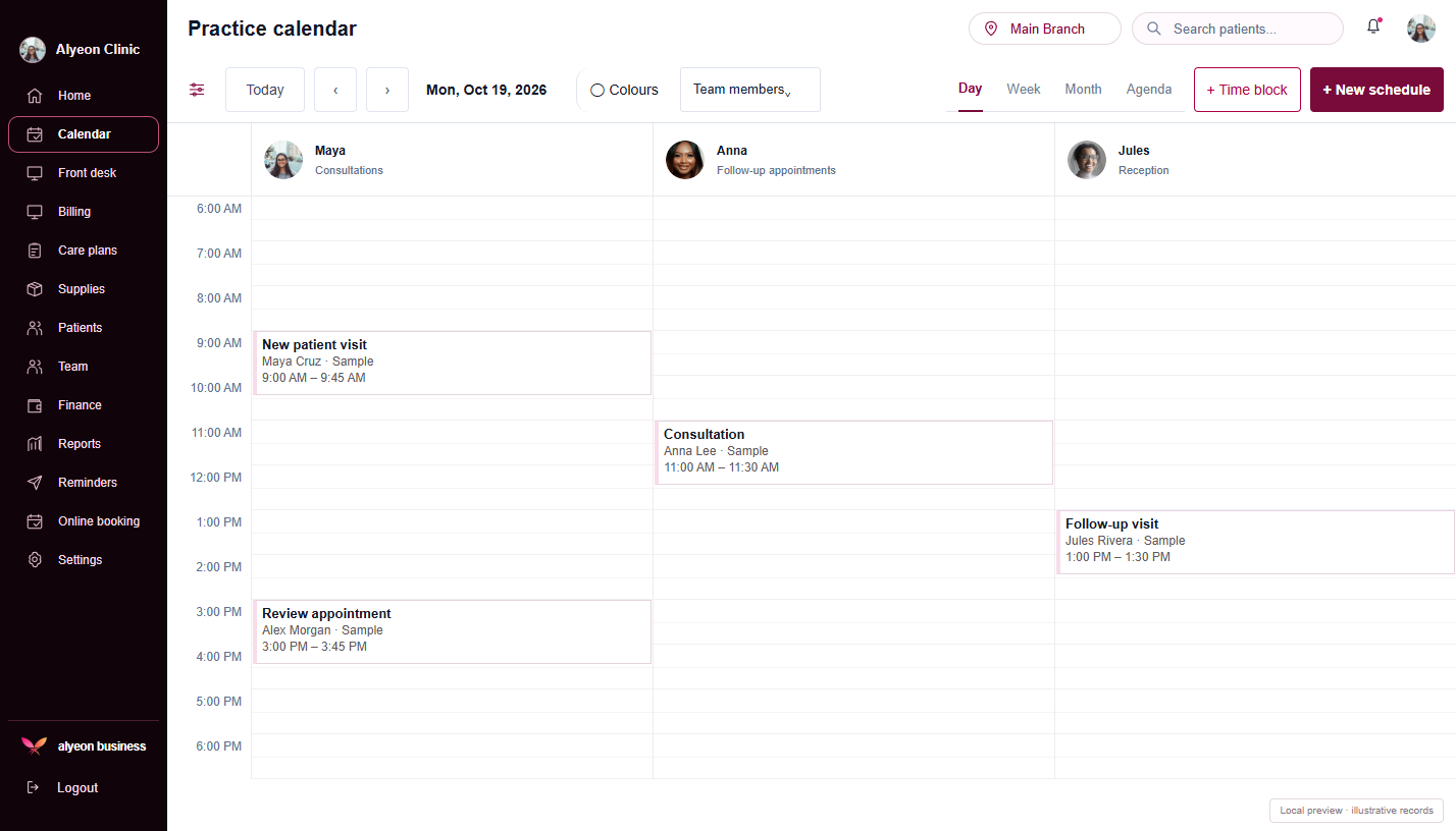Medical Clinics · Practice calendar — illustrative preview