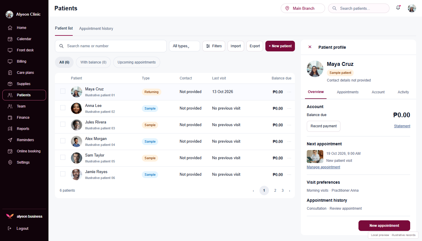 Medical Clinics · Patient profiles — illustrative preview