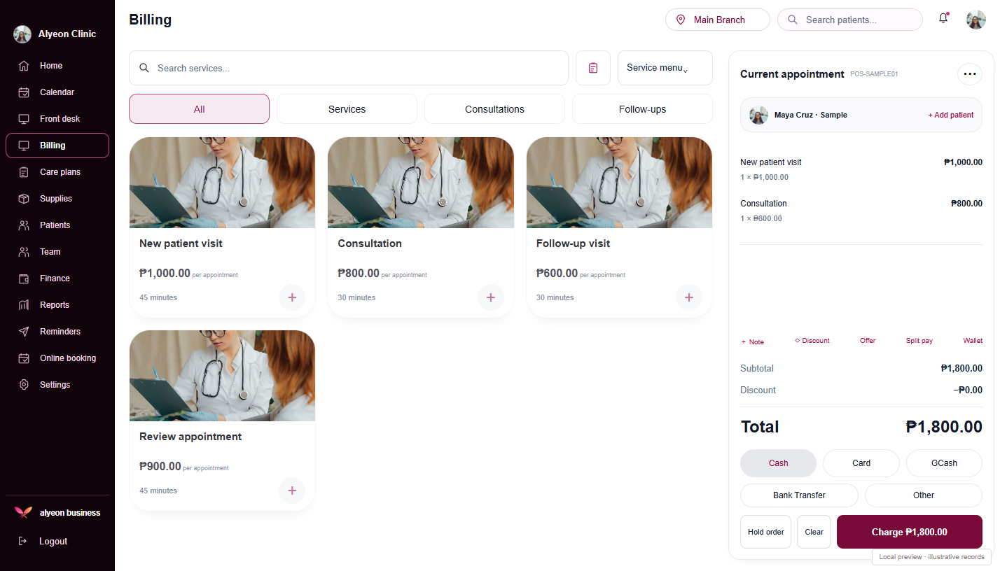 Medical Clinics · Payments & checkout — illustrative preview