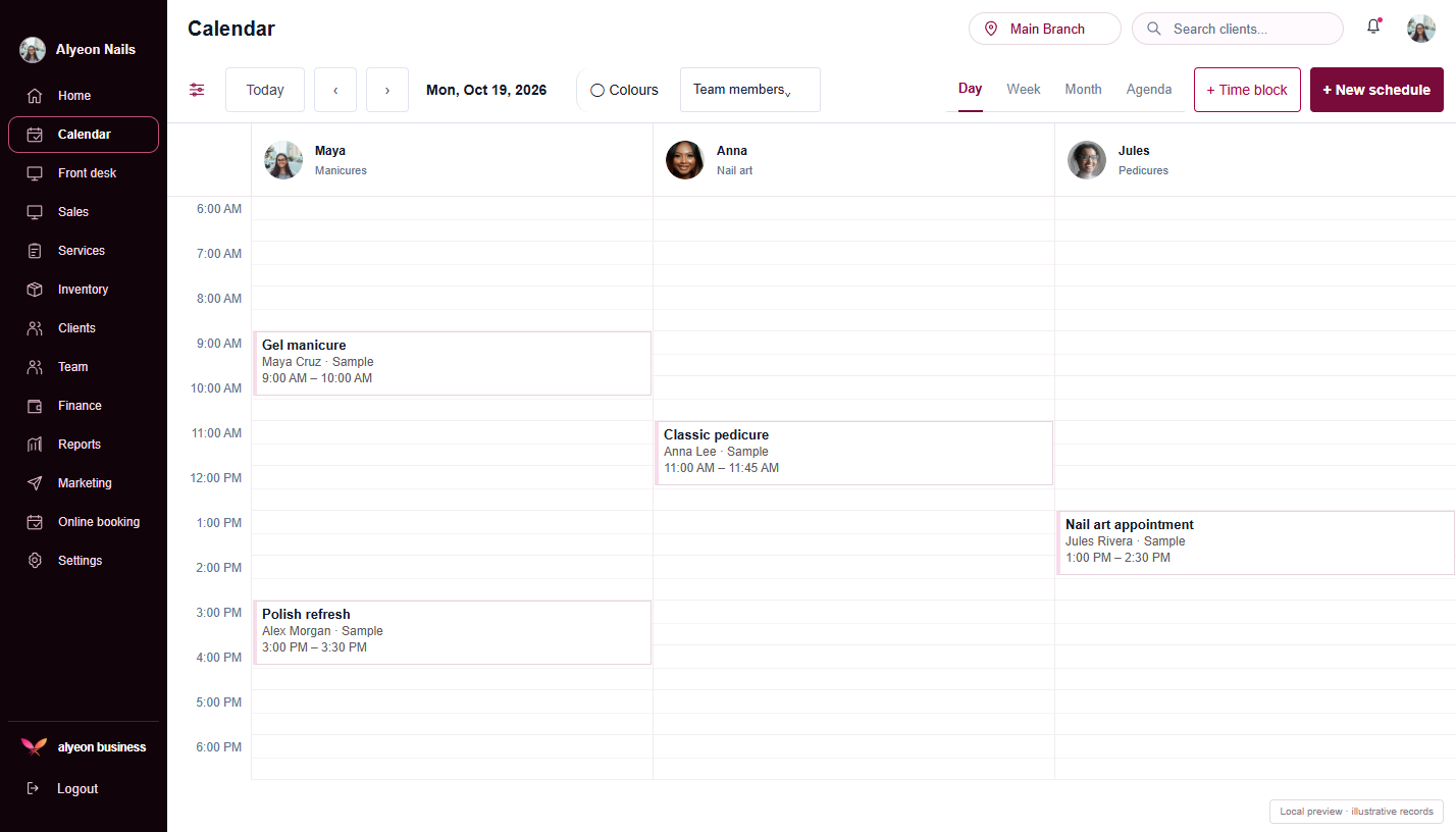 Nail Salons · Calendar & scheduling — illustrative preview