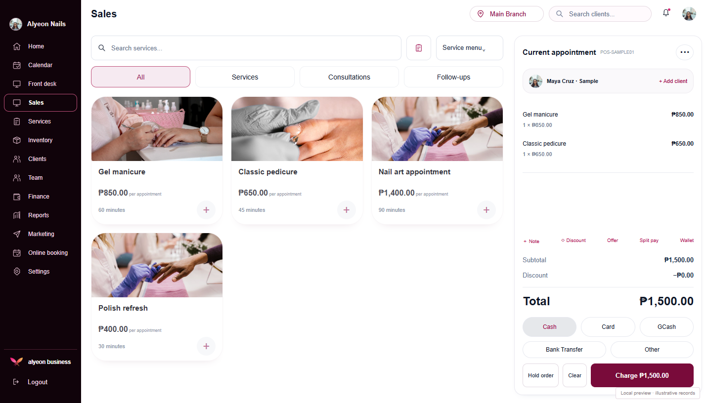 Nail Salons · Payments & checkout — illustrative preview