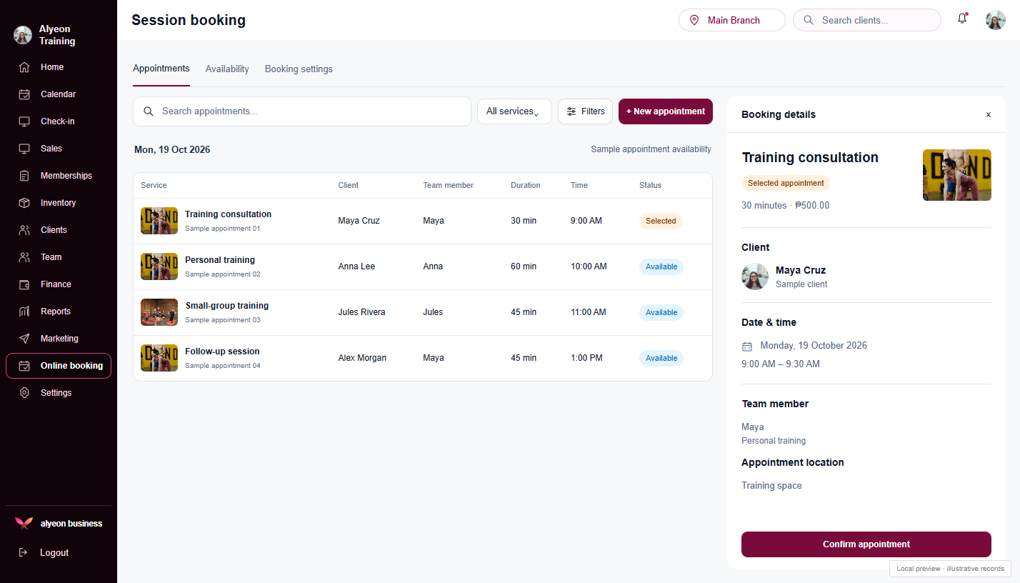 Personal Trainers · Session booking — illustrative preview