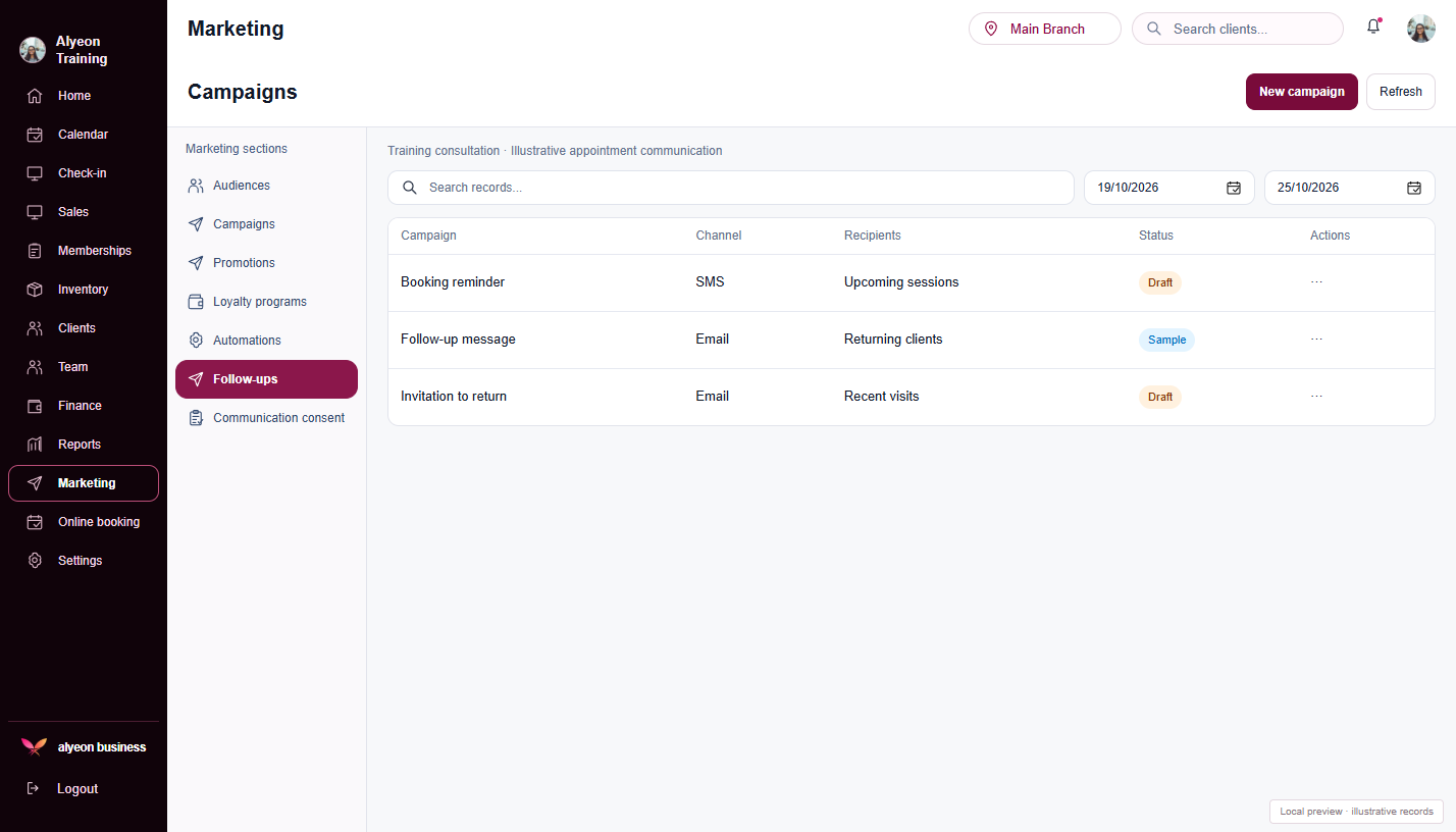 Personal Trainers · Marketing & follow-ups — illustrative preview