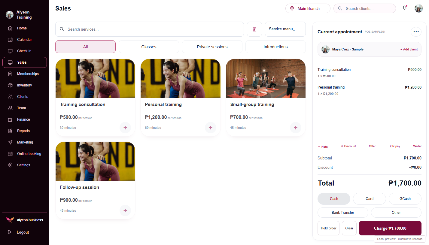 Personal Trainers · Payments & checkout — illustrative preview