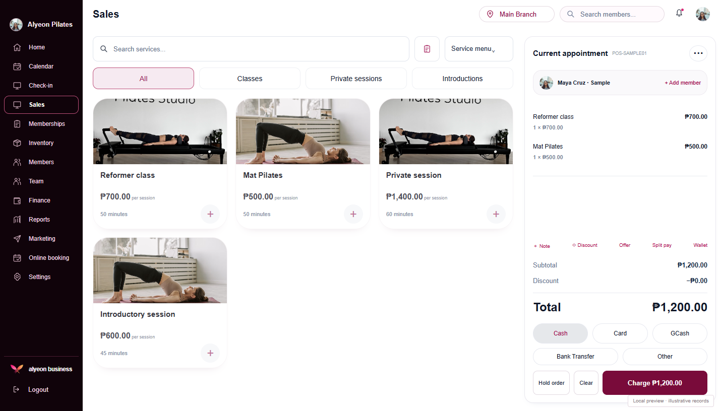 Pilates Studios · Payments & checkout — illustrative preview