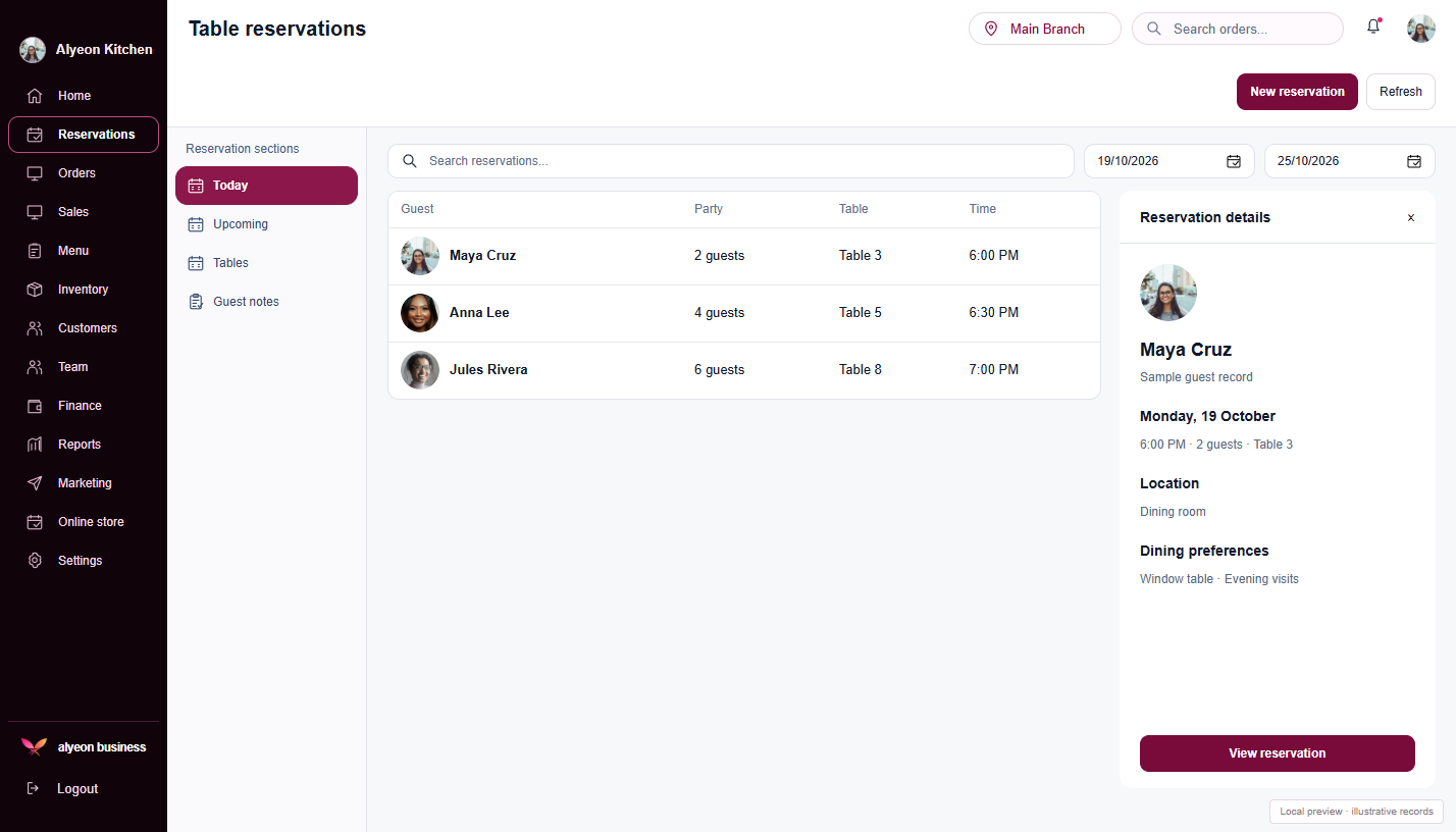Restaurants · Table reservations — illustrative preview