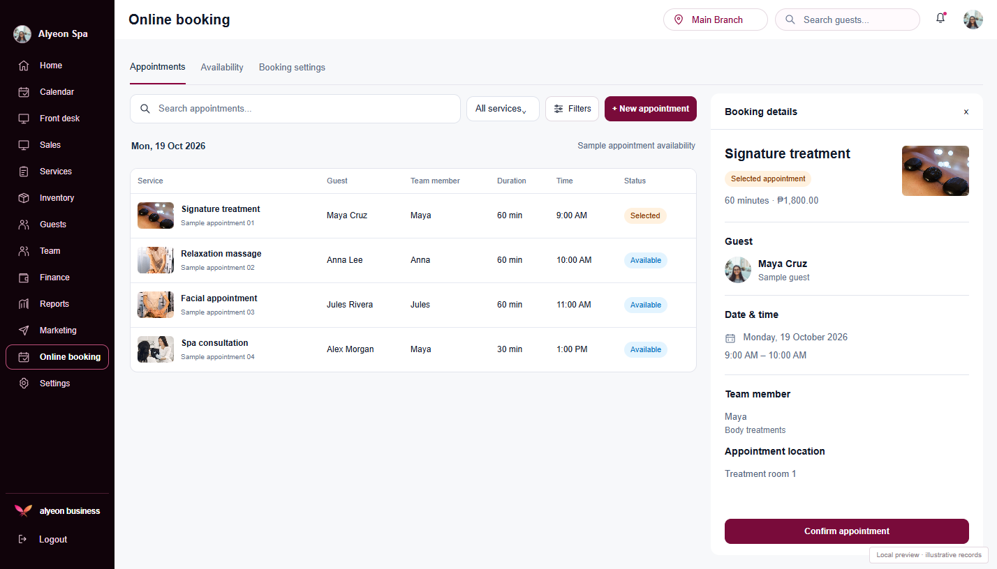 Spas · Online booking — illustrative preview