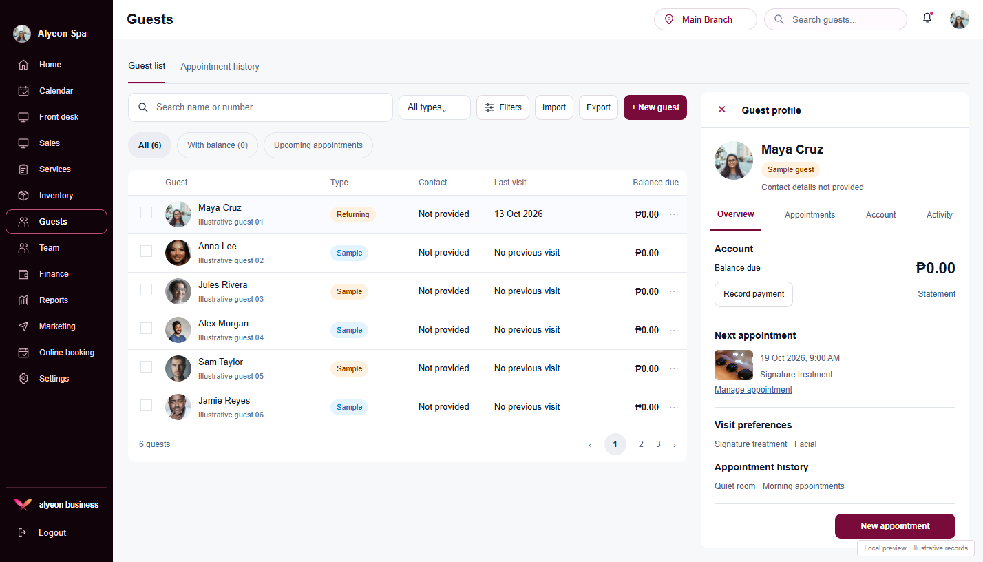 Spas · Client profiles — illustrative preview