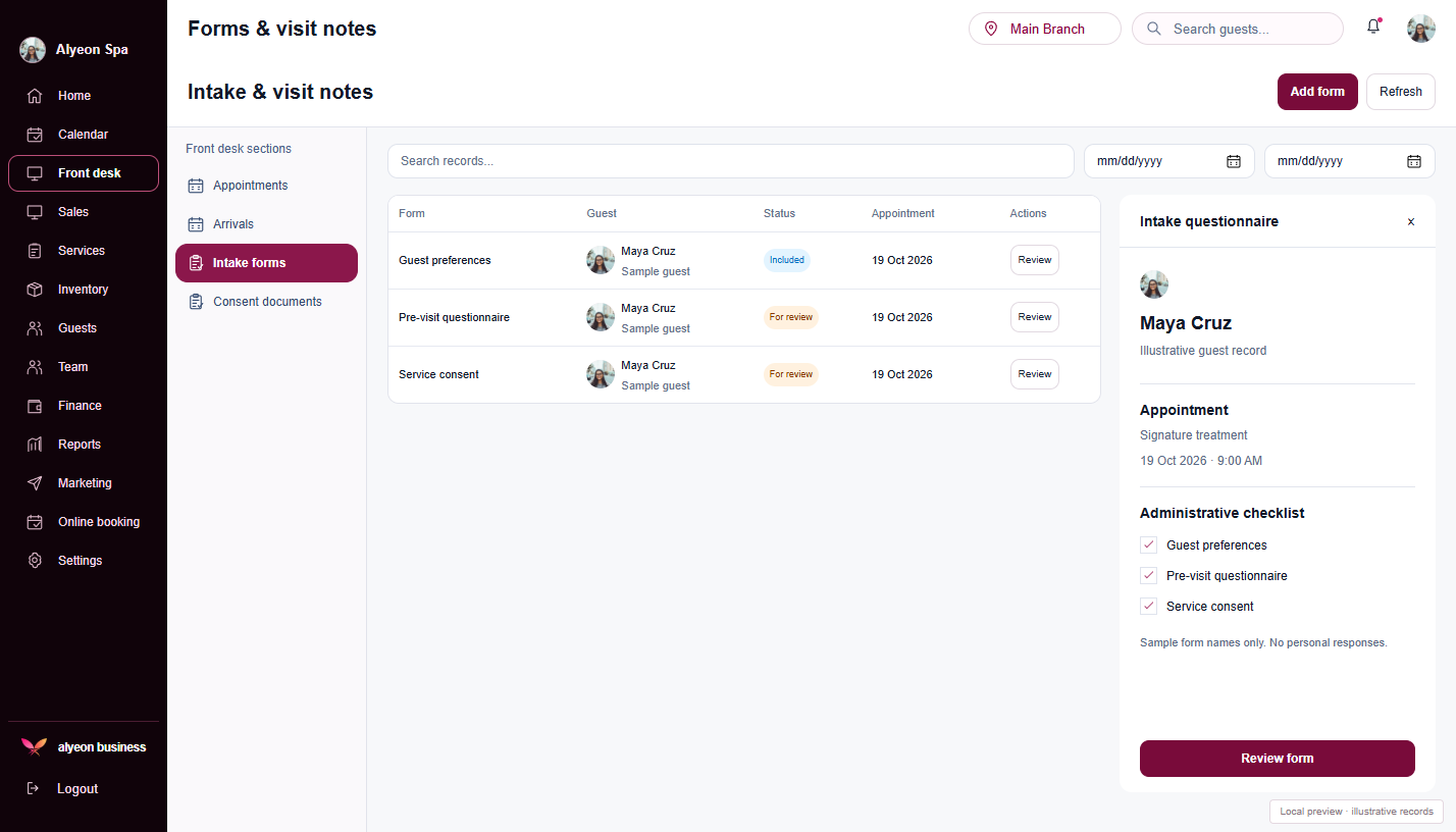 Spas · Forms & visit notes — illustrative preview