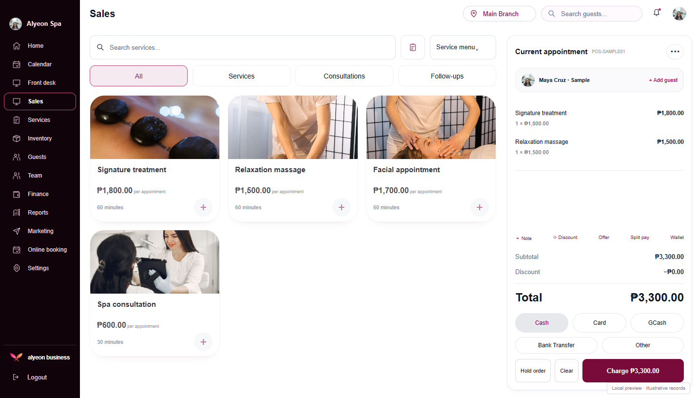 Spas · Payments & checkout — illustrative preview