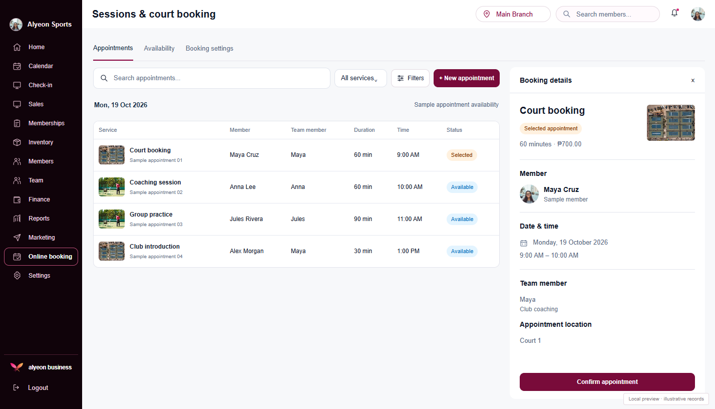 Sports Clubs · Sessions & court booking — illustrative preview