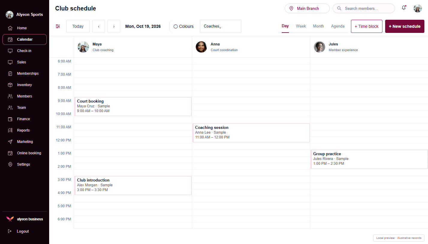Sports Clubs · Club schedule — illustrative preview