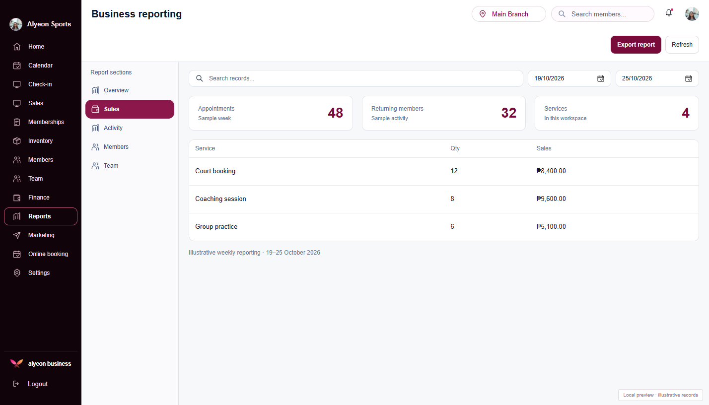 Sports Clubs · Business reporting — illustrative preview