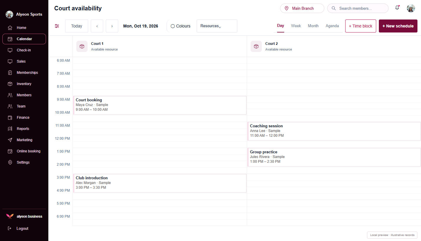 Sports Clubs · Court availability — illustrative preview