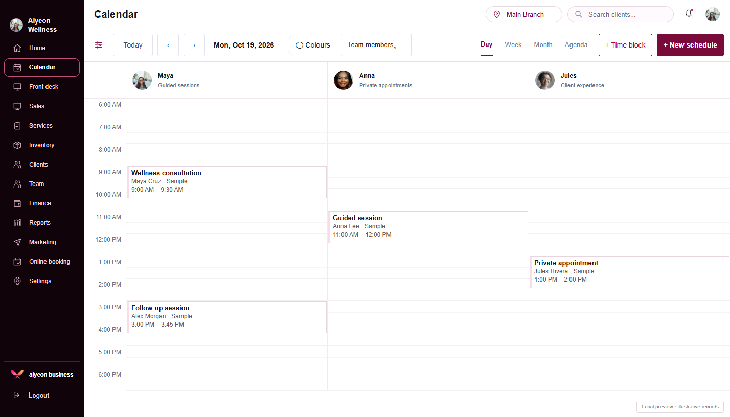 Wellness Centers · Calendar & scheduling — illustrative preview
