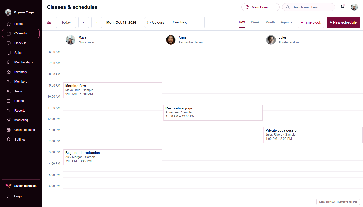 Yoga Studios · Classes & schedules — illustrative preview