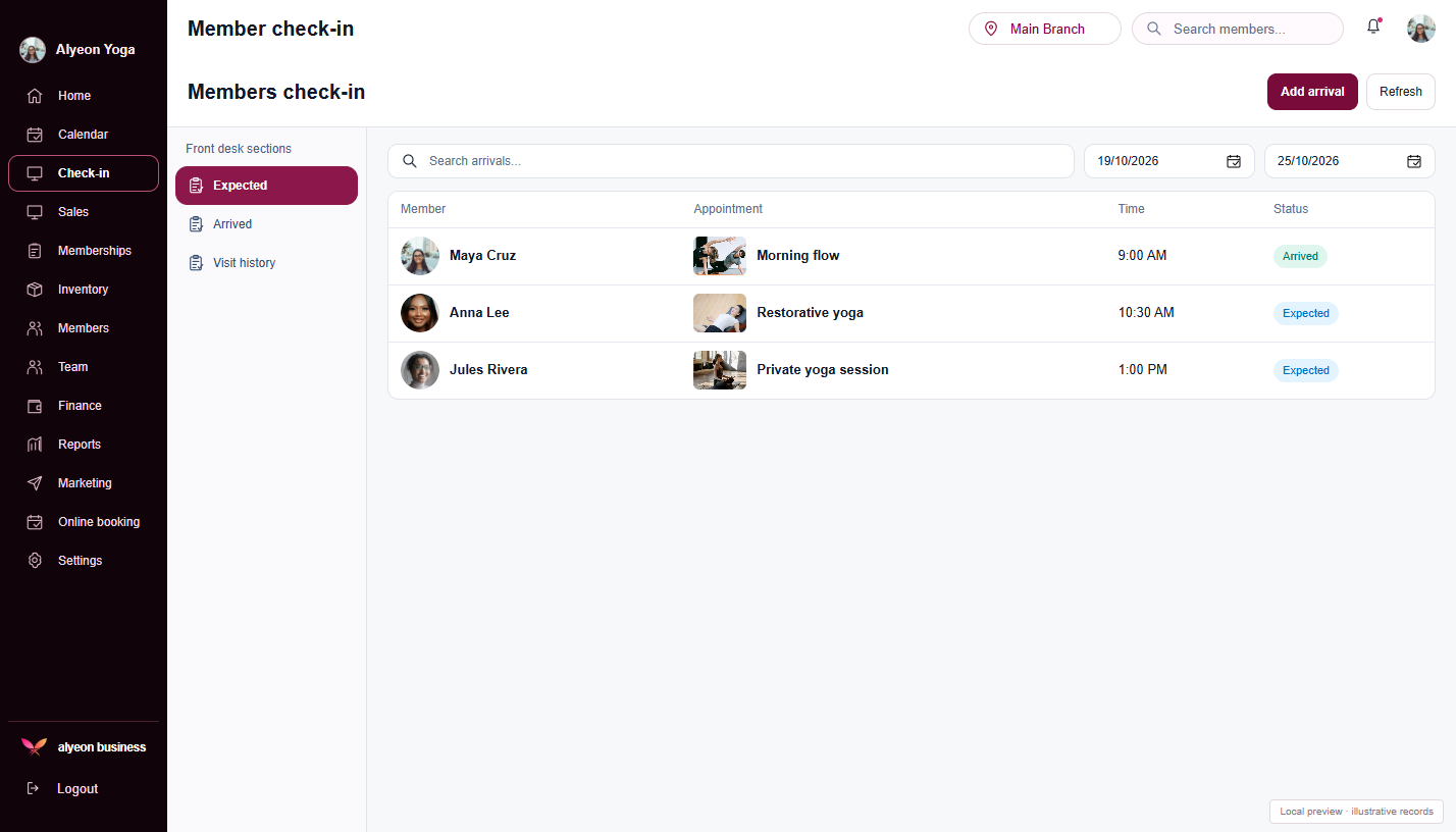 Yoga Studios · Client check-in — illustrative preview